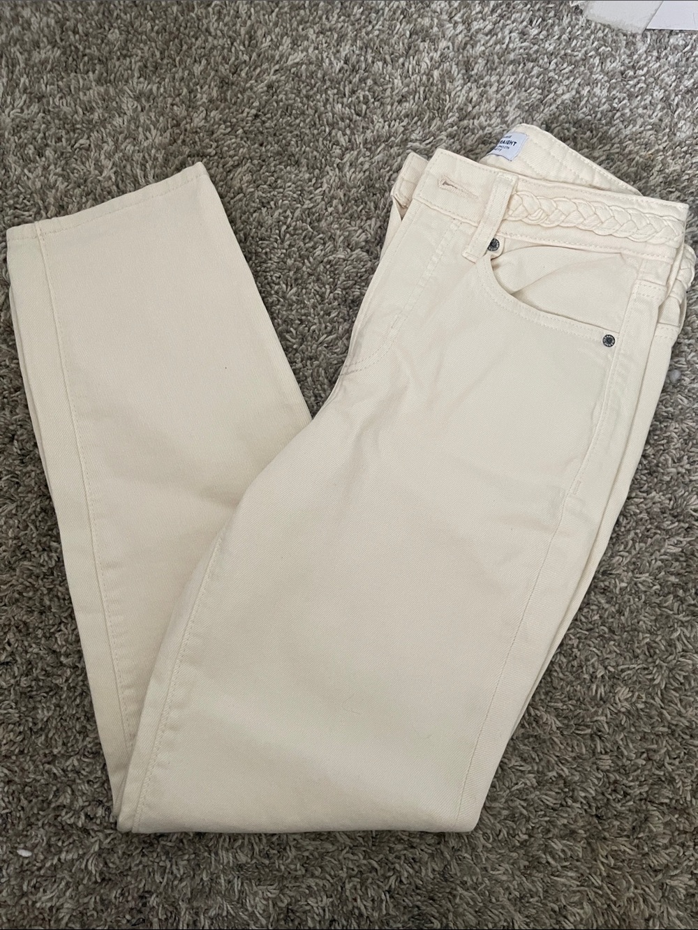 Old Navy High-Rise Cream Straight Jeans with Braided Waistband